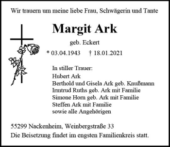 Traueranzeige von Margit Ark von vrm-trauer