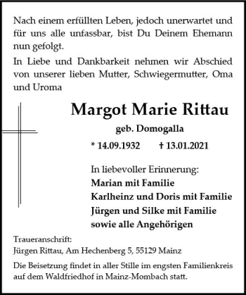 Traueranzeige von Margot Marie Rittau von vrm-trauer