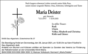 Traueranzeige von Maria Deister von vrm-trauer