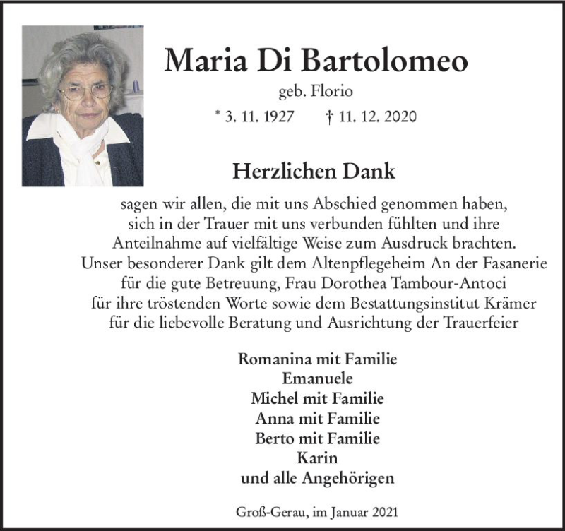  Traueranzeige für Maria Di Bartolomeo vom 23.01.2021 aus vrm-trauer