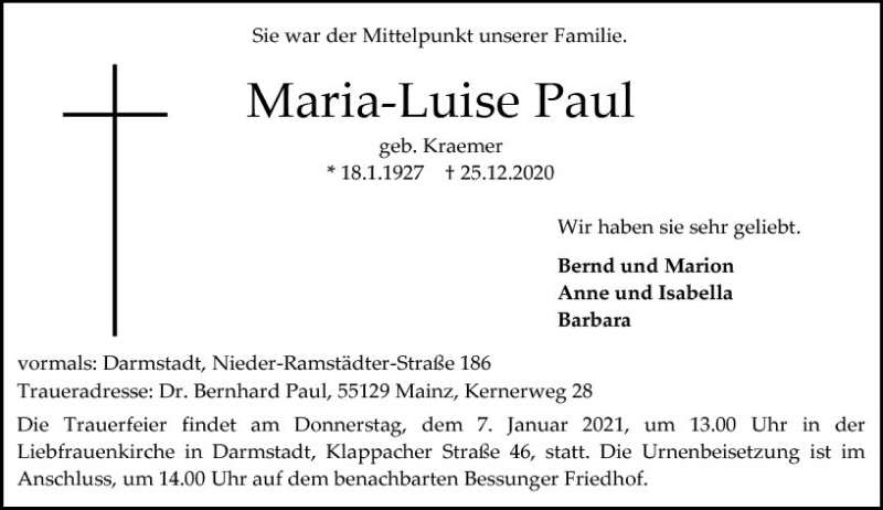  Traueranzeige für Maria-Luise Paul vom 02.01.2021 aus vrm-trauer