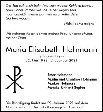 Traueranzeige von Maria Elisabeth Hohmann von vrm-trauer