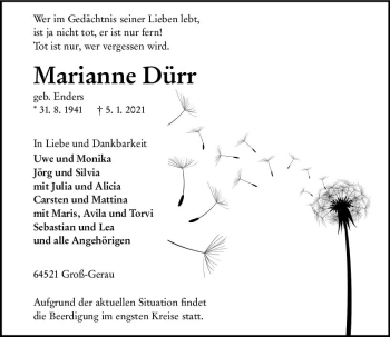 Traueranzeige von Marianne Dürr von vrm-trauer