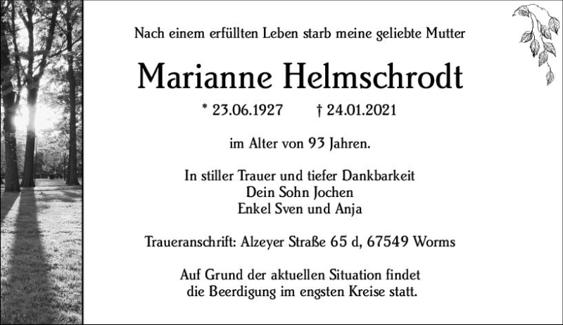  Traueranzeige für Marianne Helmschrodt vom 28.01.2021 aus vrm-trauer