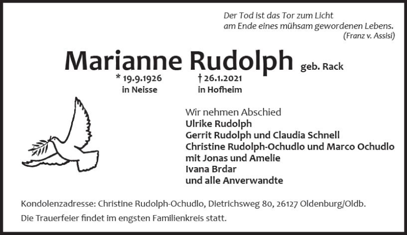  Traueranzeige für Marianne Rudolph vom 29.01.2021 aus vrm-trauer