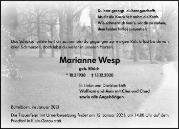 Traueranzeige von Marianne Wesp von vrm-trauer