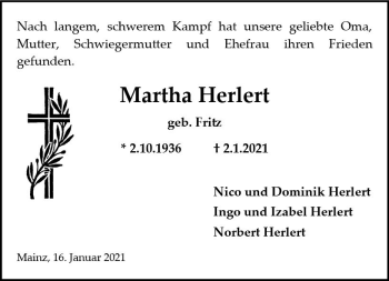 Traueranzeige von Martha Herlert von vrm-trauer