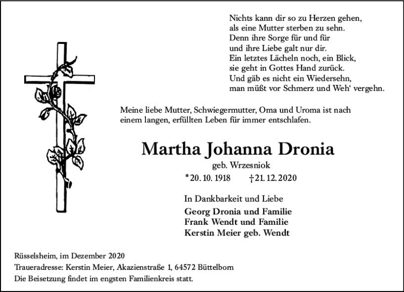  Traueranzeige für Martha Johanna Dronia vom 02.01.2021 aus vrm-trauer