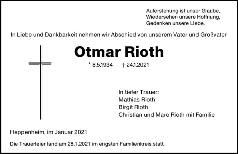  Traueranzeige für Otmar Rioth vom 30.01.2021 aus vrm-trauer