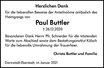 Traueranzeige von Paul Buttler von vrm-trauer