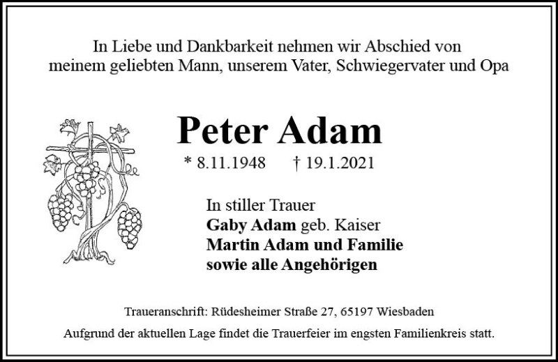  Traueranzeige für Peter Adam vom 30.01.2021 aus vrm-trauer