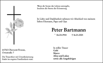 Traueranzeige von Peter Bartmann von vrm-trauer