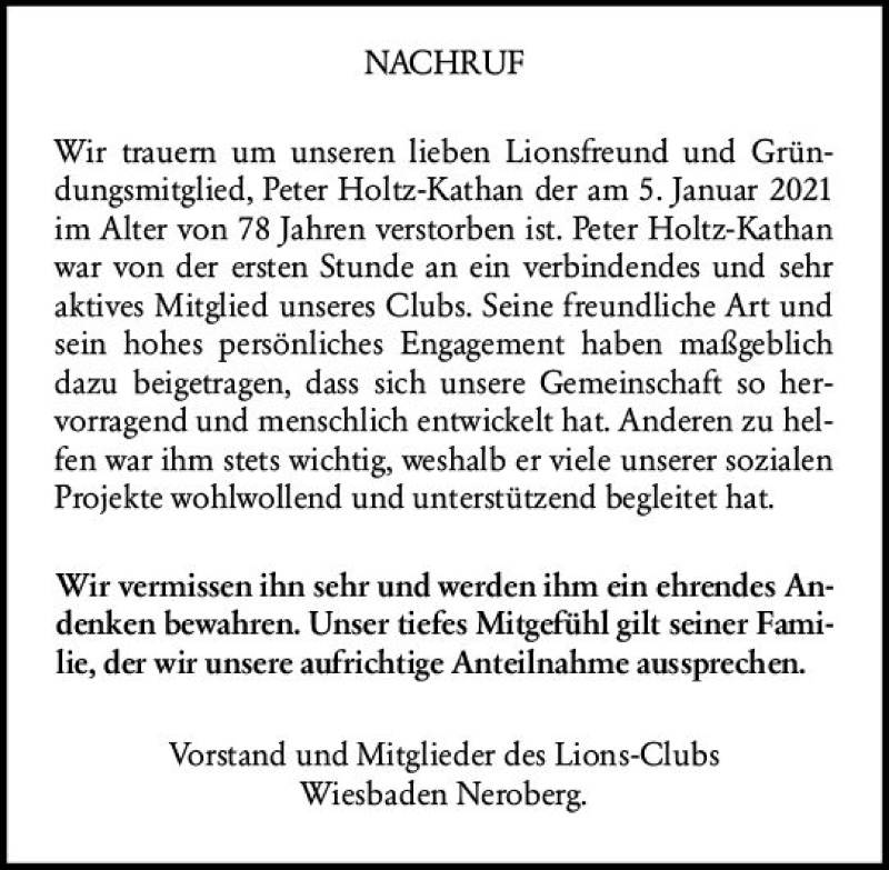  Traueranzeige für Peter Holtz-Kathan vom 16.01.2021 aus vrm-trauer