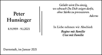 Traueranzeige von Peter Hunsinger von vrm-trauer