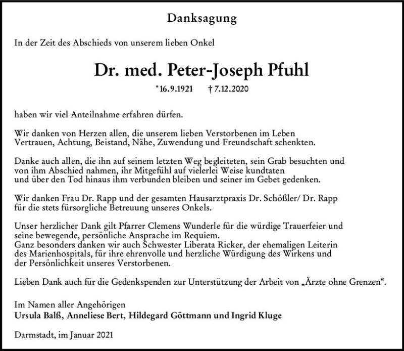  Traueranzeige für Peter-Joseph Pfuhl vom 23.01.2021 aus vrm-trauer