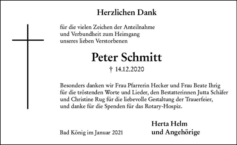  Traueranzeige für Peter Schmitt vom 09.01.2021 aus vrm-trauer