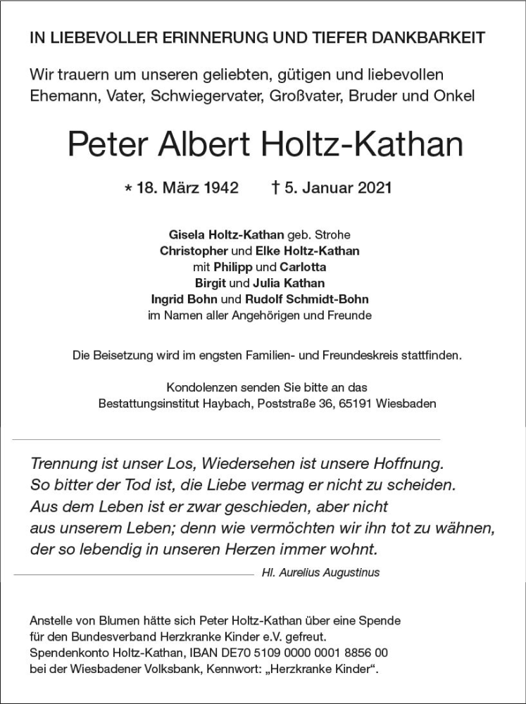  Traueranzeige für Peter Albert Holtz-Kathan vom 16.01.2021 aus vrm-trauer