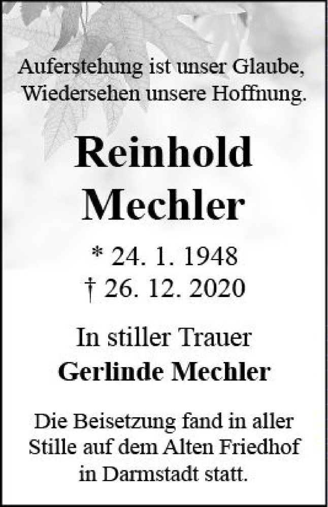  Traueranzeige für Reinhold Mechler vom 30.01.2021 aus vrm-trauer