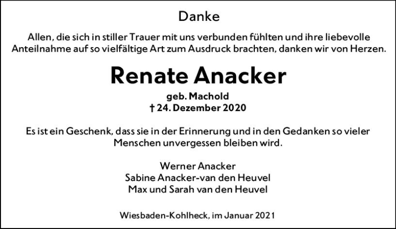  Traueranzeige für Renate Anacker vom 16.01.2021 aus vrm-trauer
