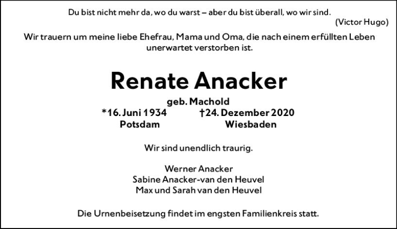  Traueranzeige für Renate Anacker vom 02.01.2021 aus vrm-trauer