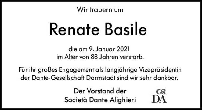  Traueranzeige für Renate Basile vom 23.01.2021 aus vrm-trauer