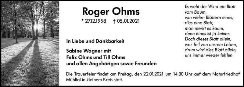  Traueranzeige für Roger Ohms vom 16.01.2021 aus vrm-trauer