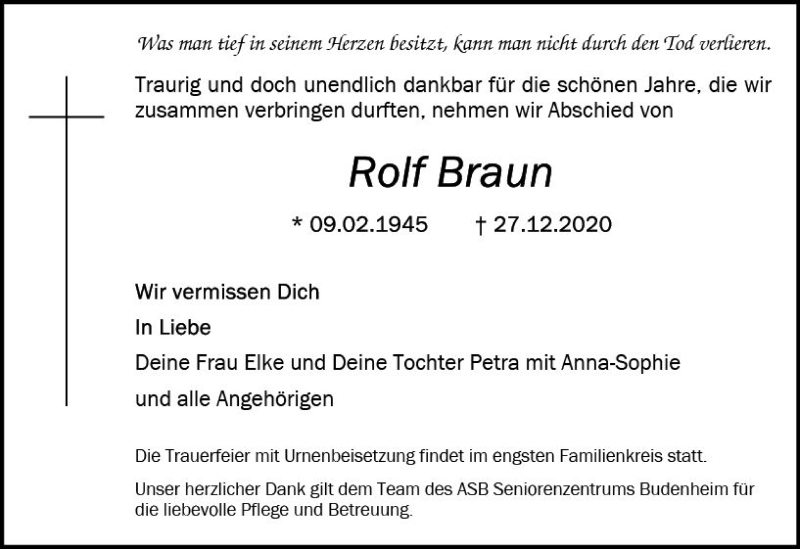  Traueranzeige für Rolf Braun vom 09.01.2021 aus vrm-trauer