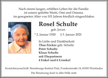 Traueranzeige von Rosel Schulte von vrm-trauer