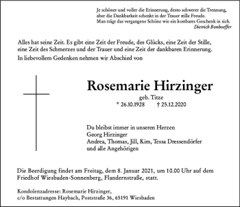 Traueranzeige von Rosemarie Hirzinger von vrm-trauer