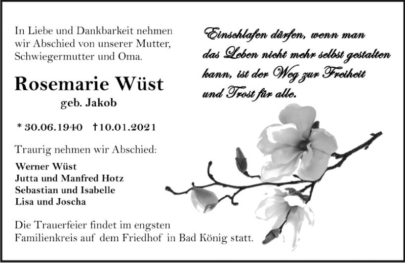  Traueranzeige für Rosemarie Wüst vom 16.01.2021 aus vrm-trauer