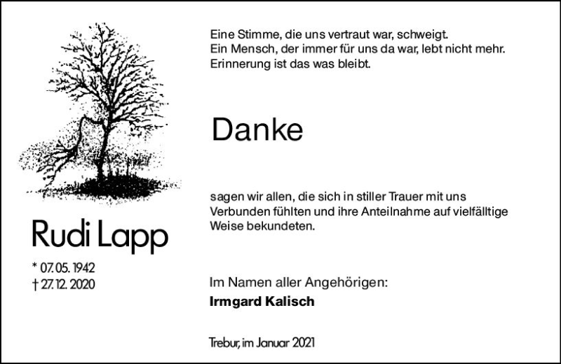  Traueranzeige für Rudi Lapp vom 27.01.2021 aus vrm-trauer