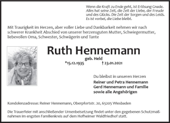 Traueranzeige von Ruth Hennemann von vrm-trauer