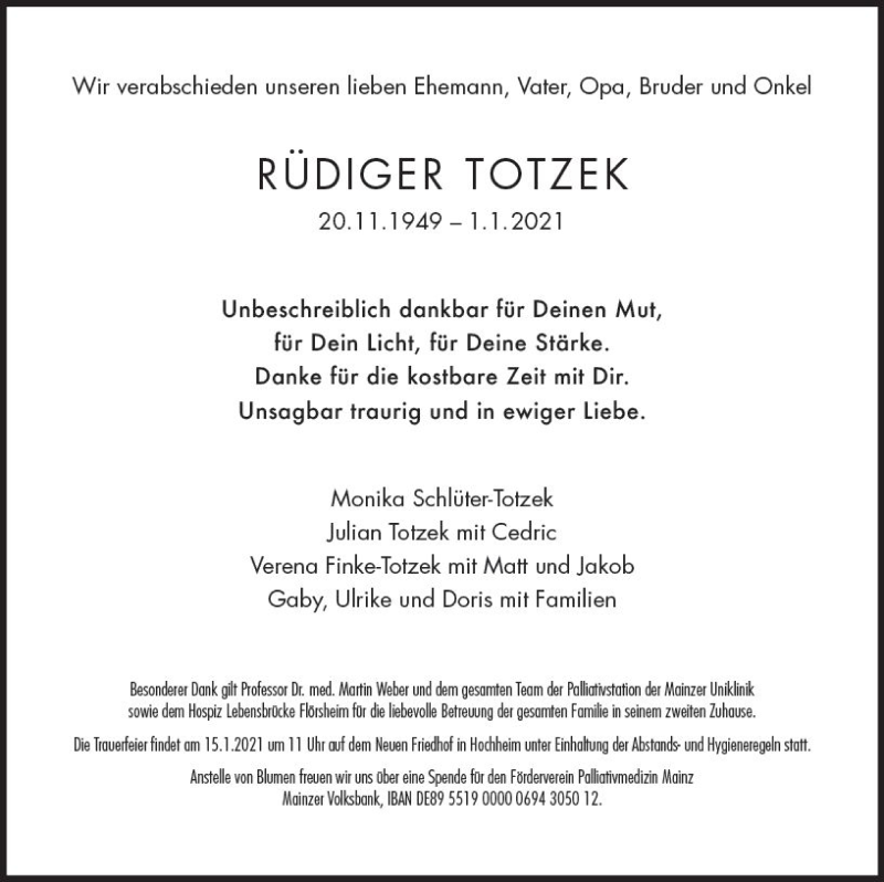  Traueranzeige für Rüdiger Totzek vom 08.01.2021 aus vrm-trauer