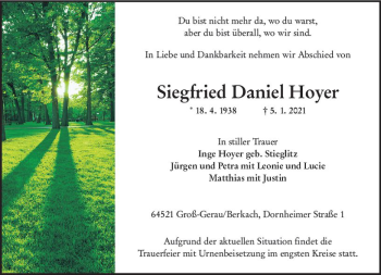 Traueranzeige von Siegfried Daniel Hoyer von vrm-trauer
