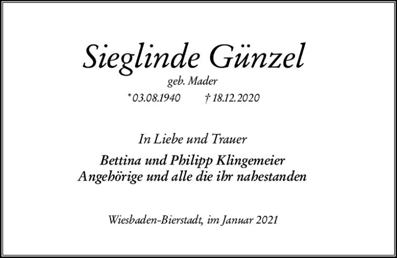  Traueranzeige für Sieglinde Günzel vom 23.01.2021 aus vrm-trauer