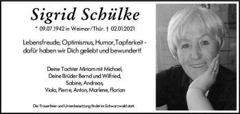 Traueranzeige von Sigrid Schälke von vrm-trauer