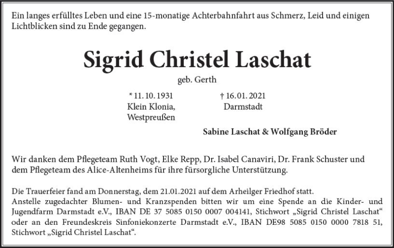  Traueranzeige für Sigrid Christel Laschat vom 23.01.2021 aus vrm-trauer