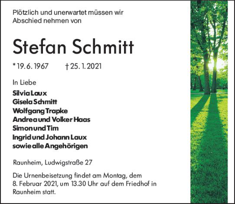  Traueranzeige für Stefan Schmitt vom 30.01.2021 aus vrm-trauer