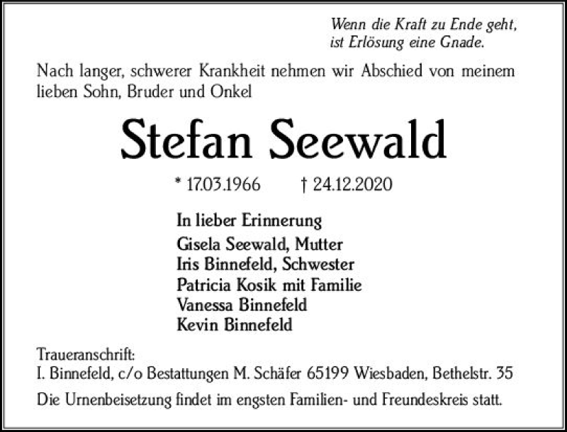  Traueranzeige für Stefan Seewald vom 09.01.2021 aus vrm-trauer