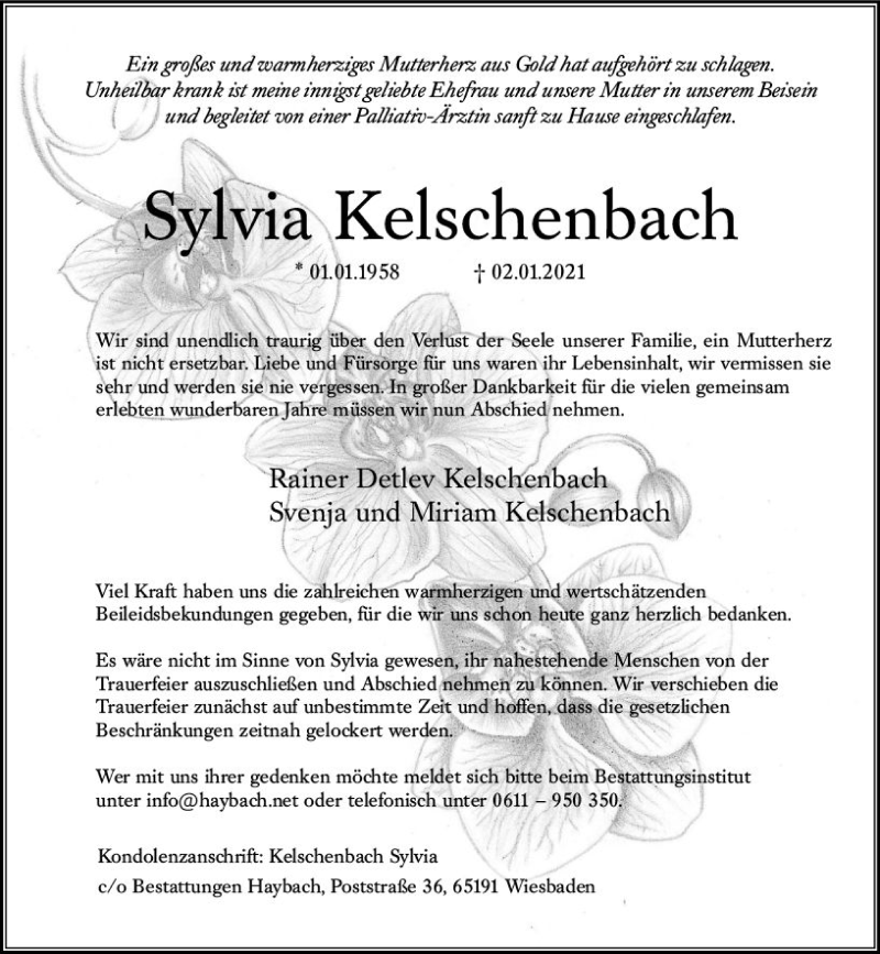  Traueranzeige für Sylvia Kelschenbach vom 23.01.2021 aus vrm-trauer
