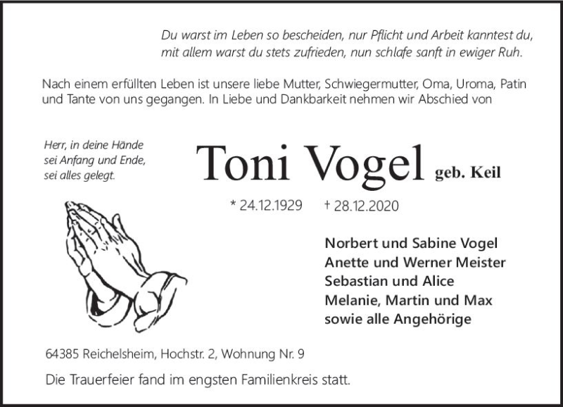  Traueranzeige für Toni Vogel vom 16.01.2021 aus vrm-trauer