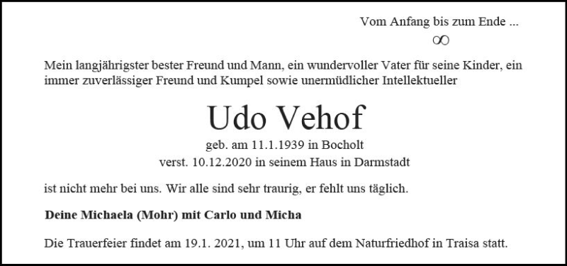  Traueranzeige für Udo Vehof vom 09.01.2021 aus vrm-trauer