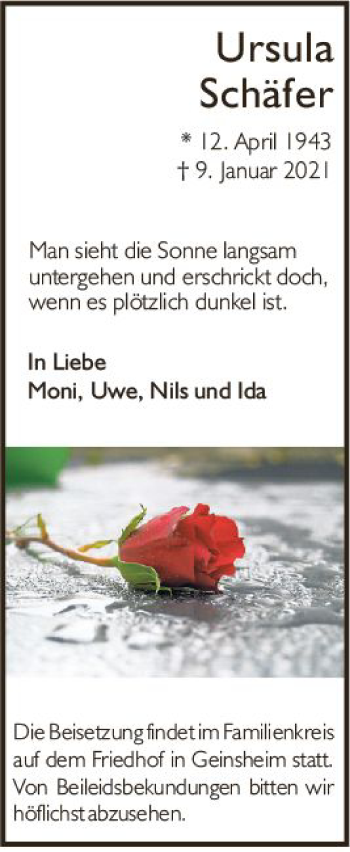 Traueranzeige von Ursula Schäfer von vrm-trauer
