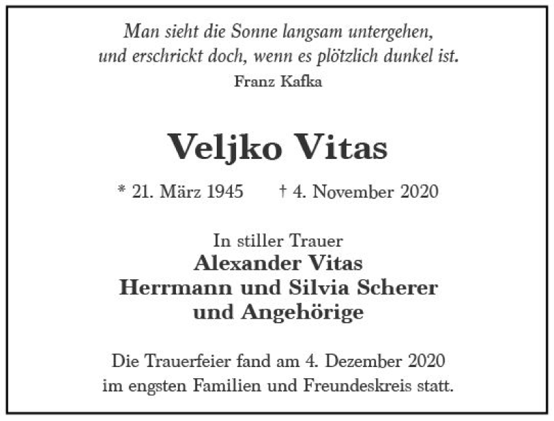  Traueranzeige für Veljko Vitas vom 02.01.2021 aus vrm-trauer