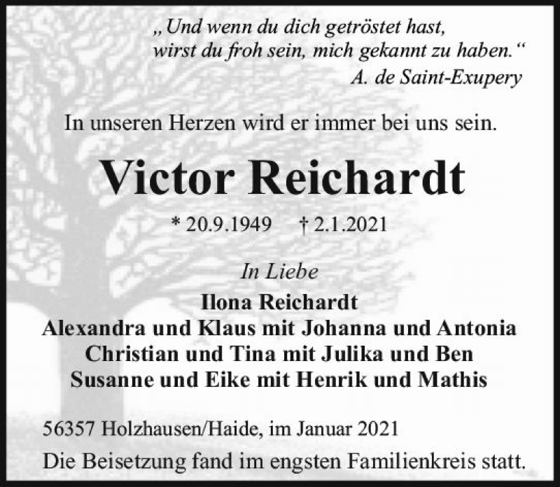  Traueranzeige für Victor Reichardt vom 30.01.2021 aus vrm-trauer