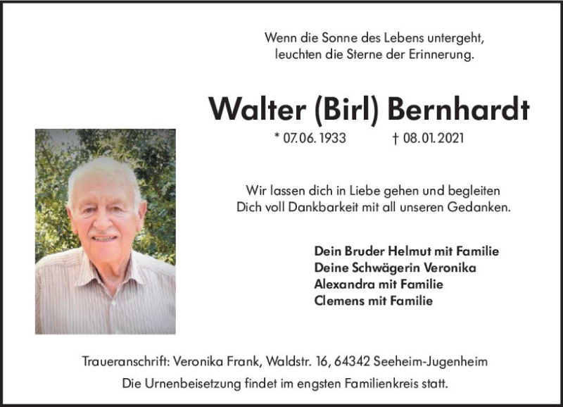  Traueranzeige für Walter Bernhardt vom 16.01.2021 aus vrm-trauer