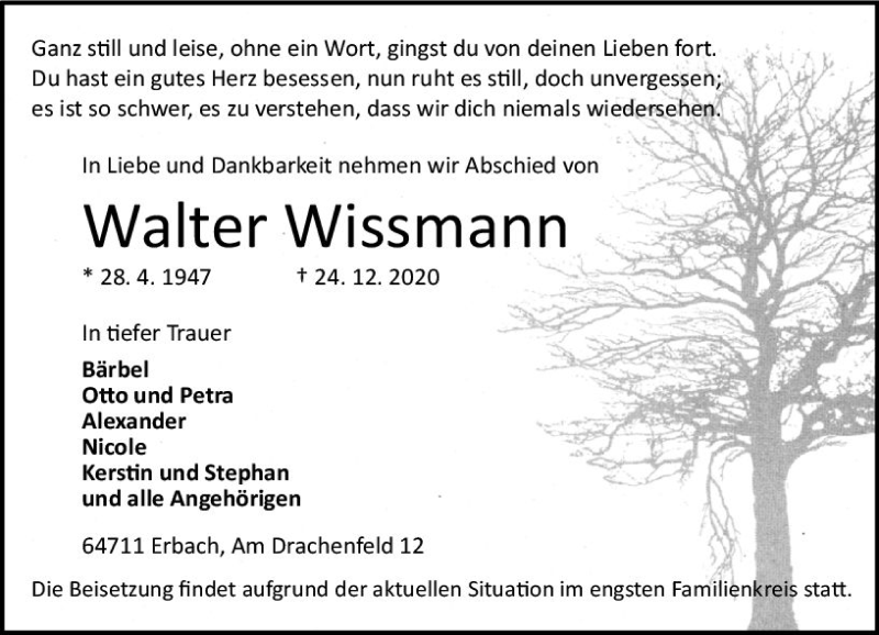  Traueranzeige für Walter Wissmann vom 02.01.2021 aus vrm-trauer