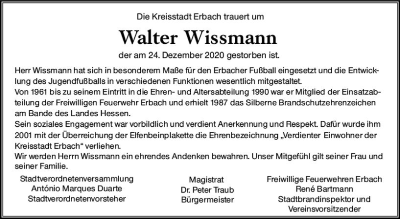  Traueranzeige für Walter Wissmann vom 06.01.2021 aus vrm-trauer