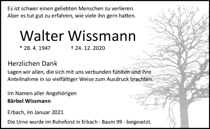  Traueranzeige für Walter Wissmann vom 30.01.2021 aus vrm-trauer