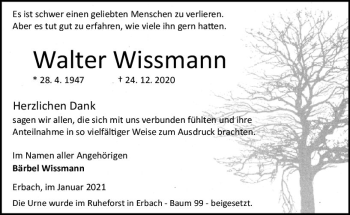 Traueranzeige von Walter Wissmann von vrm-trauer